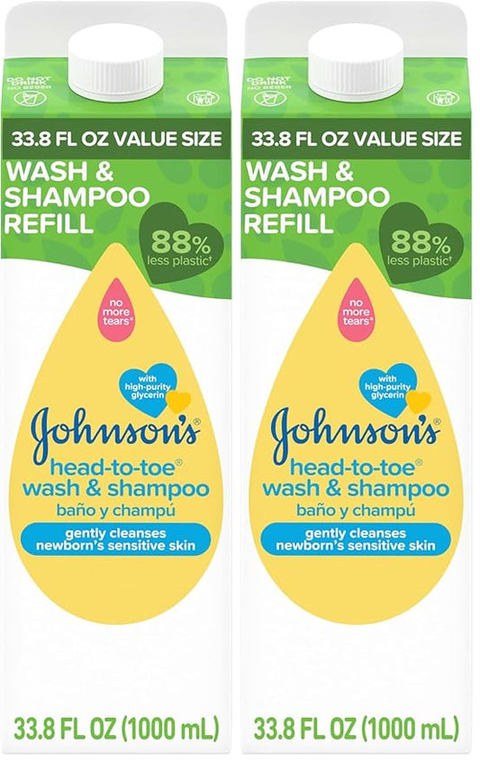 Johnson's Head-To-Toe Gentle Body Wash & Shampoo for Baby's Sensitive Skin & Hair, Tear-Free, Sulfate-Free & Hypoallergenic, Value Size Refill, 33.8 fl. oz (Pack of 2)-CubbioJoy