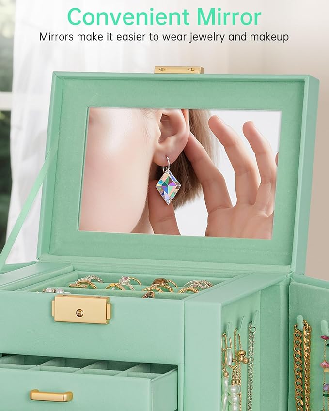 AKOZLIN 4-Tier Jewelry Box Leather Jewelry Storage Organizer with 3 Drawers Lockable for Women Girls Ring Necklace Earring Bracelet Holder with Mirror-CubbioJoy