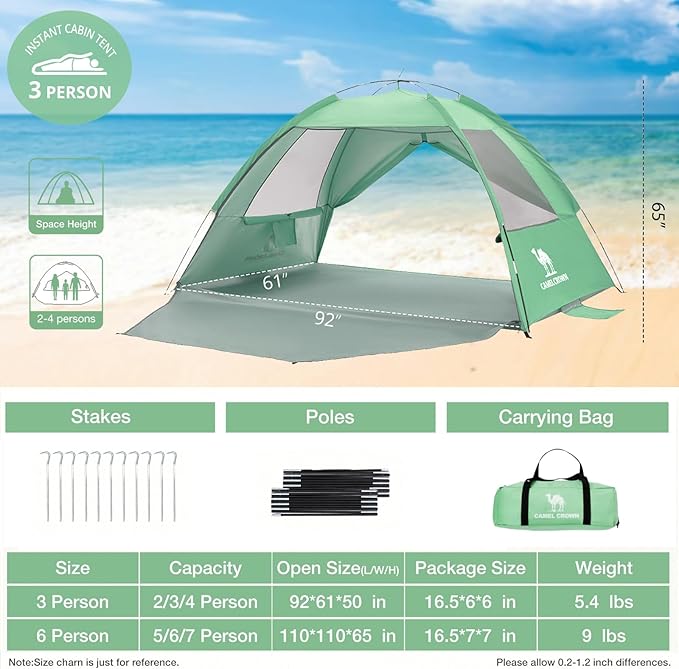 CAMEL CROWN Beach Tent UPF 50+ Sun Shelter for 2/3/5/6 Person, Lightweight Portable Sun Shade with Sand Anchor, Family Beach Day & Outdoor Adventures-CubbioJoy