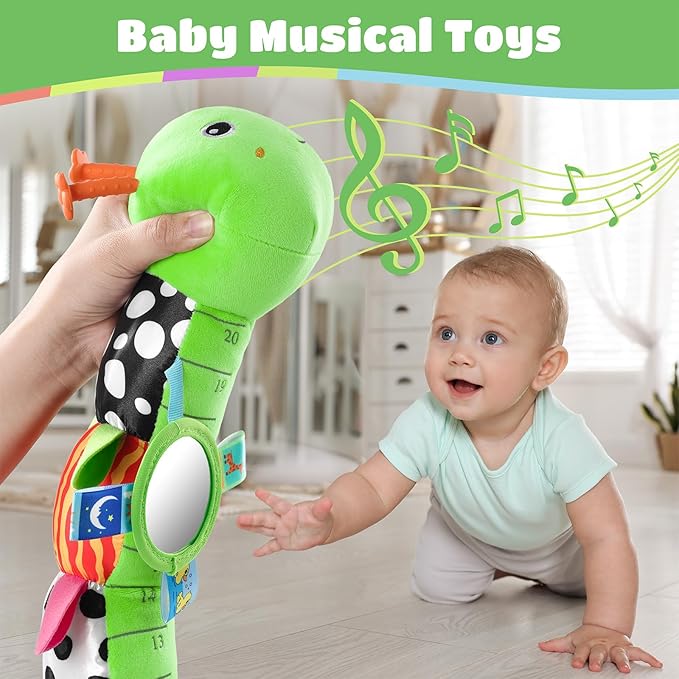 Baby Toys 6-12 Months Music Caterpillar Infant Toys Stuffed Animals 0-3-6 Months Tummy Time Teething Sensory Toys with Mirror Rattle&Pull String for Boys Girls Birthday Gifts|Grass Green,Leafy-CubbioJoy