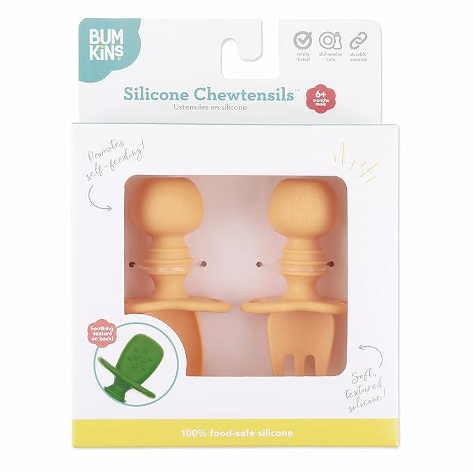 Bumkins Baby Utensils Set, Chewtensils Silicone Spoons for Dipping, Self-Feeding, Baby Led Weaning, Trainer Learning, First Stage Eating, Soft Practice Fork and Spoon, Babies 6 Months, Tangerine-CubbioJoy