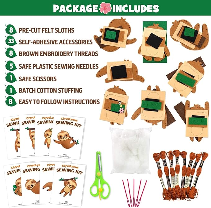 CiyvoLyeen Sloth Sewing Craft Kit Jungle Animal DIY Craft Sewing Kit for Girls and Boys Educational Sewing Kits for Kids Age 8 9 10 11 12 Craft Kit Includes 8 Projects-CubbioJoy