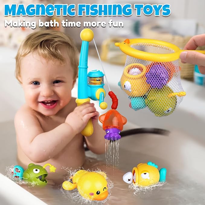 Baby Bath Toys for Kids Ages 1-3, Magnetic Fishing Games with Floating Bathtub Wind-Up Toys & Fishing Net, Fishing Rod Water Pool Toys for Toddlers 1-3-CubbioJoy