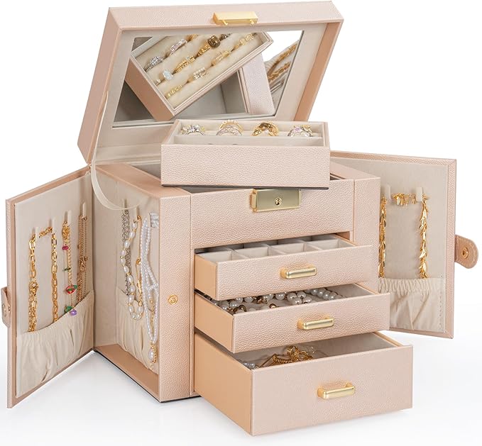 AKOZLIN 4-Tier Jewelry Box Leather Jewelry Storage Organizer with 3 Drawers Lockable for Women Girls Ring Necklace Earring Bracelet Holder with Mirror Champagne-CubbioJoy