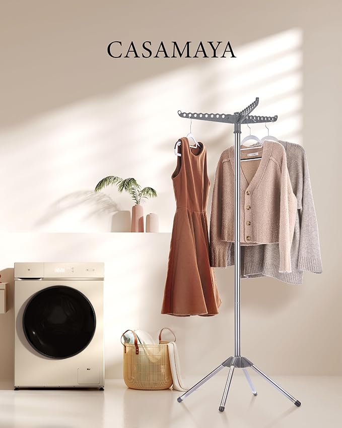 Clothes Drying Rack Foldable, 59 inch Tripod Laundry Drying Rack Indoor with Rotating Clothes Rail for 27 Pieces of Clothes, Space Saving, Stainless Steel, Grey and Silver CDR001G01-CubbioJoy