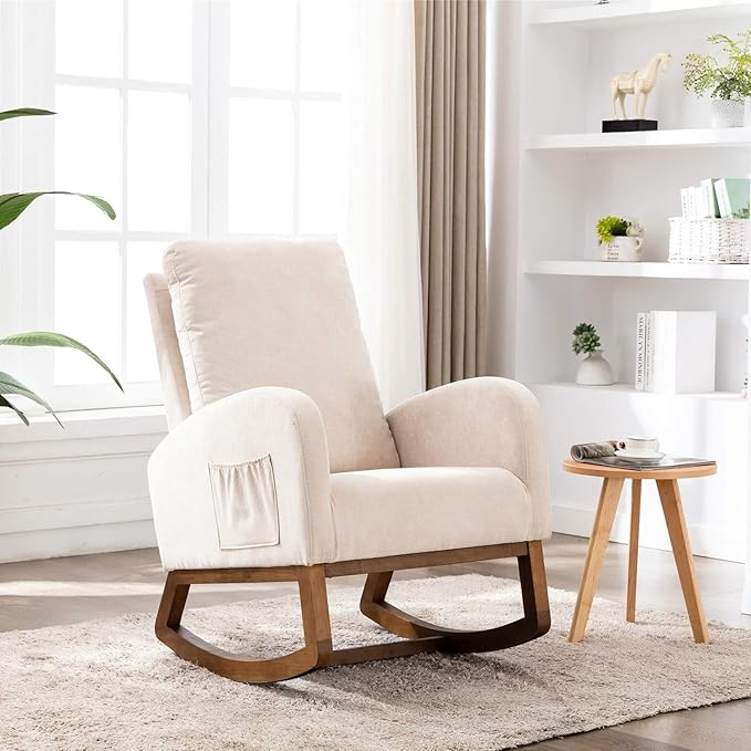 Dolonm Rocking Chair Mid-Century Modern Nursery Rocking Armchair Upholstered Tall Back Accent Glider Rocker for Living Room (Beige)-CubbioJoy