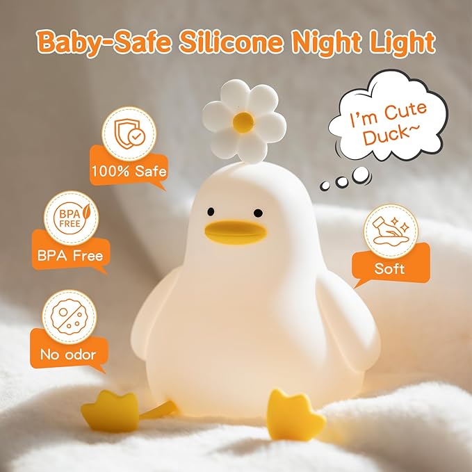 Cute Duck Night Light for Baby, Kids, Toddler, Ambient Nursery Nightlight, Soothing Lamp 3 Level Dimmable, Sleeping Accompanion for Bedroom Bedside, Rechargeable Battery, 30 Min Timer Off-CubbioJoy