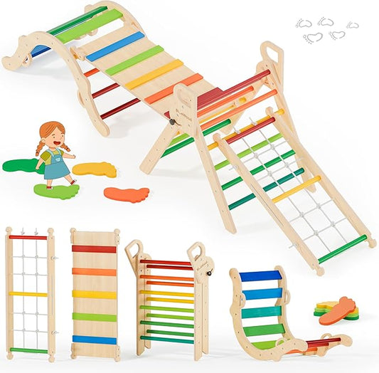 BlueWood 10-in-1 Pikler Triangle Set, Toddler Climbing Toys Indoor, Montessori Climber, Baby Jungle Gyms with Arch, Extra Rope Ladder & Footprint Balance Beam - Neon Aurora-CubbioJoy