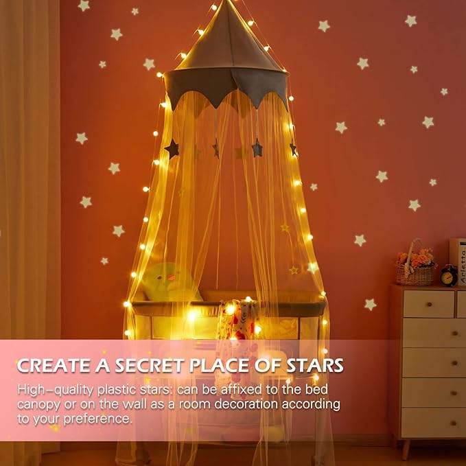Canopy for Kids Bed with Stars, Crib Canopy with Dome, Elegant Net Hanging Fairy Girl Bed Canopy Princess Room Decoration Reading Nook Corner Curtain Fits Full Crib, Twin, Queen Play Castle Tent-CubbioJoy