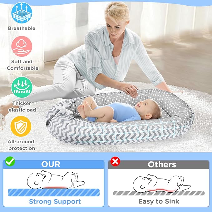 Baby Lounger - Baby Lounger for Newborn 0-24 Months, Breathable and Soft Cotton Cover Baby Nest, Portable Cozy Tummy Time Lounger for Home and Travel, Ideal Baby Essentials & Shower Gifts-CubbioJoy
