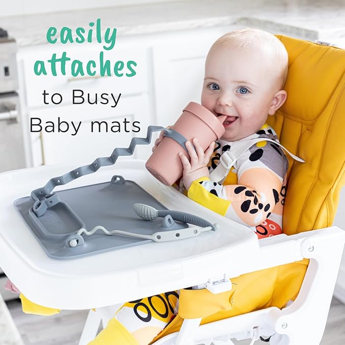 Busy Baby Bottle Bungee - Sippy Cup Strap - Keeps Bottles and Sippy Cups Off The Floor - Food Grade Silicone - Dishwasher Safe (Tan)-CubbioJoy