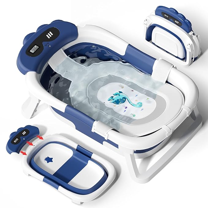 AVIDOR Baby Bathtub,Collapsible Bathtub for Newborn to Toddler,Durable Essential Infant Bath Tub,Portable Travel Baby Tub with Soft Bath Net,No-Slip Feet and Dinosaur Shaped (Navy Blue)-CubbioJoy