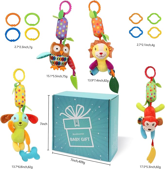 Bloobloomax Baby Soft Hanging Rattle, Car Seat Stroller Toys with Plush Animal C-Clip Ring for Infant Babies Boys and Girls 3 6 9 to 12 Months (12PCS-A)-CubbioJoy