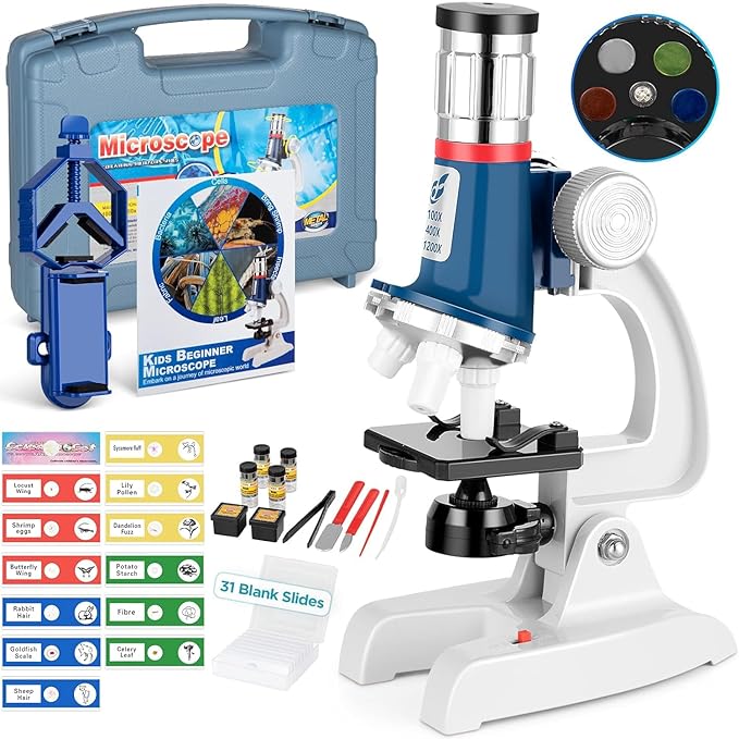 58-Piece Kids Microscope Kit - 100X-1200X Magnification, Metal Body, LED Light, Carrying Box - Science Experiment Toy for Kids Ages 5-12-CubbioJoy
