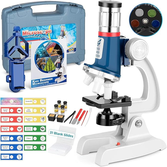 58-Piece Kids Microscope Kit - 100X-1200X Magnification, Metal Body, LED Light, Carrying Box - Science Experiment Toy for Kids Ages 5-12-CubbioJoy