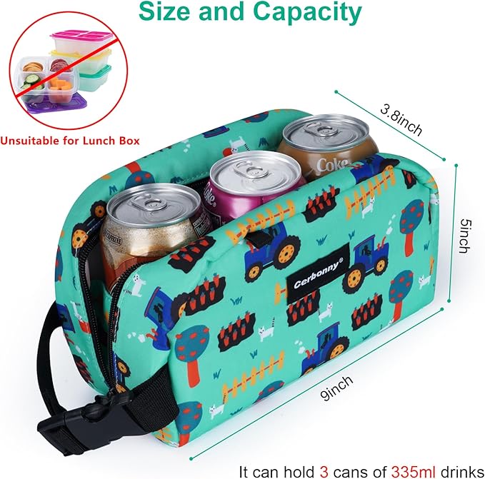 Cerbonny Small Cooler Bag Freezable Lunch Bag for Work School Travel,Small Lunch Bag,Small Insulated Bag For Kids/Adults,Freezer Lunch Bags,Mini Lunch Bag Fit For Yogurt,Suit for 3+(green vehicle)-CubbioJoy