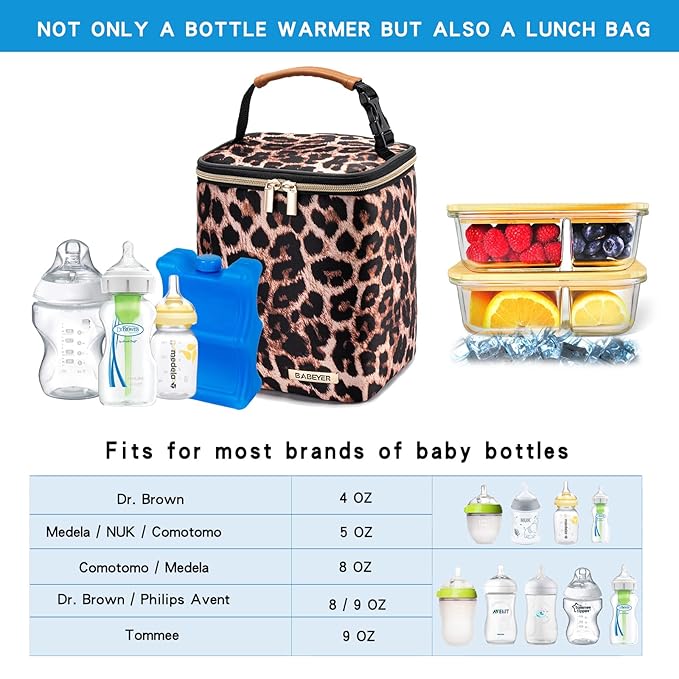 BreastMilk Cooler Bag with Ice Pack Fits 4 Baby Bottles Up to 9 Ounce, Baby Bottle Bag for Nursing Mom Daycare-Leopard Print-CubbioJoy