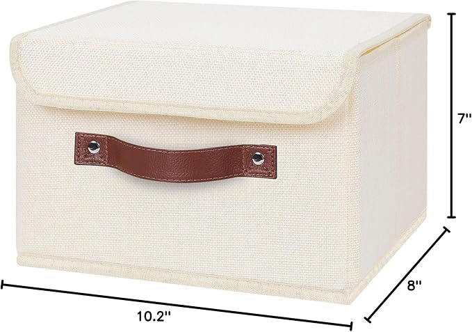ANMINY 4PCS Storage Bins with Lid PU Leather Handles Storage Boxes PP Plastic Board Decorative Foldable Lidded Cotton Linen Fabric Home Cubes Baskets Closet Organizer Containers - Beige, Small Size-CubbioJoy