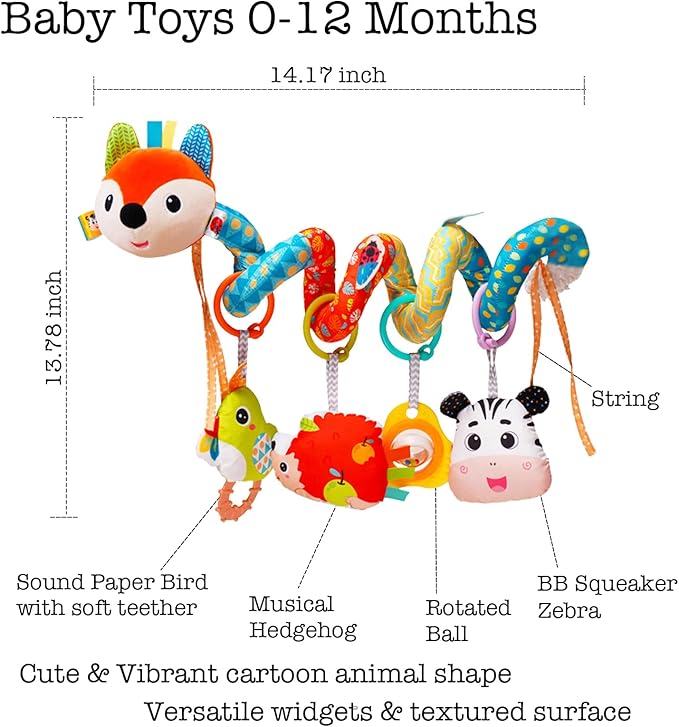 Baby Car Seat Toys, Infants Activity Spiral Plush Toys for Babies 0-6 Months Hanging Stroller Toy Gift for Infant Boys and Girls 0 3 6 12 Months Newborn Sensory Toy with Rattles Squeaker Music - Fox-CubbioJoy