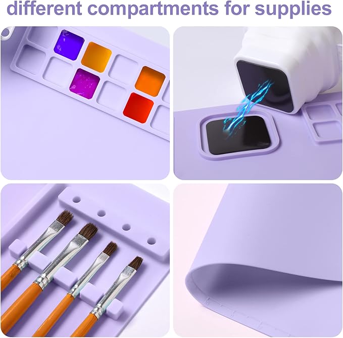 AWOKE Silicone Painting Mat - 20"X16" Silicone Art Mat with 1 Water Cup for Kids - Craft Mat has12 Color Dividers - 2 Paint Dividers (Purple)-CubbioJoy