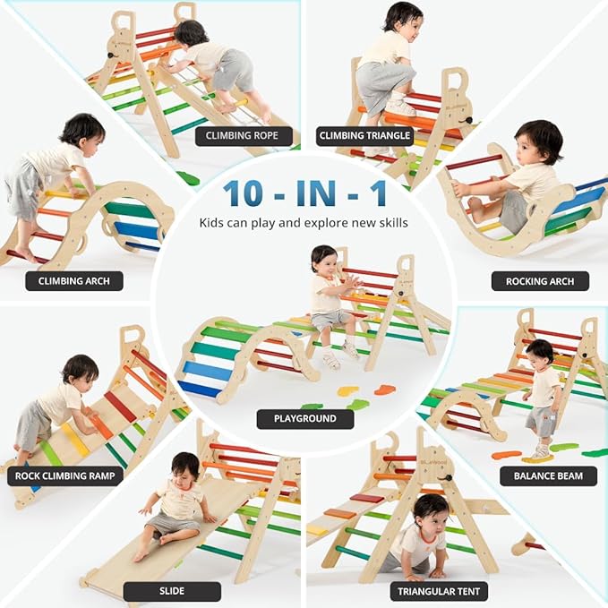 BlueWood 10-in-1 Pikler Triangle Set, Toddler Climbing Toys Indoor, Montessori Climber, Baby Jungle Gyms with Arch, Extra Rope Ladder & Footprint Balance Beam - Neon Aurora-CubbioJoy