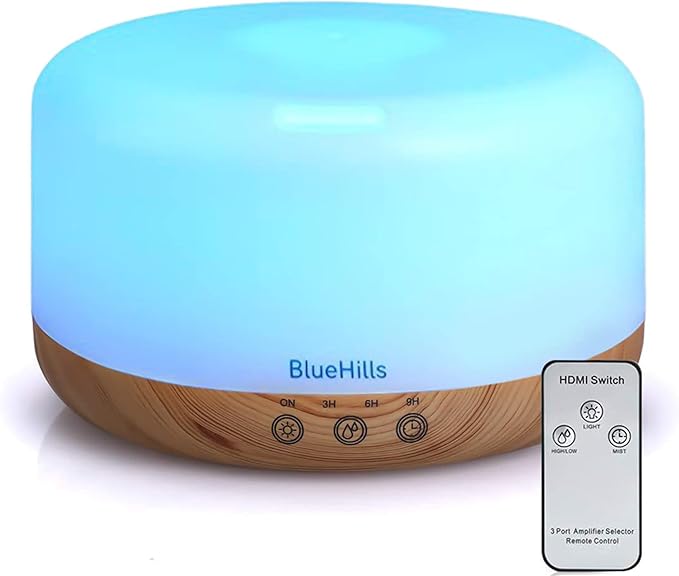 BlueHills Premium 1000 ML XL Essential Oil Diffuser Aromatherapy Humidifier with Remote Timer for Large Room Home 18 Hour Run Huge Coverage Area 1 Liter Mood Light Extra Large Capacity Wood Grain D004-CubbioJoy