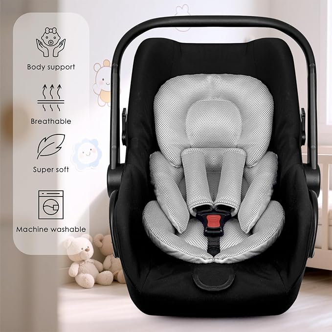 Infant Car Seat Insert for Newborn Girls Boys, Summer Mesh Baby Carseat Head Support with Strap Pads, Soft Reversible Baby Car Seat Insert Cushion Pad for Car Seat, Stroller, Bouncer, Swing, Gray-CubbioJoy