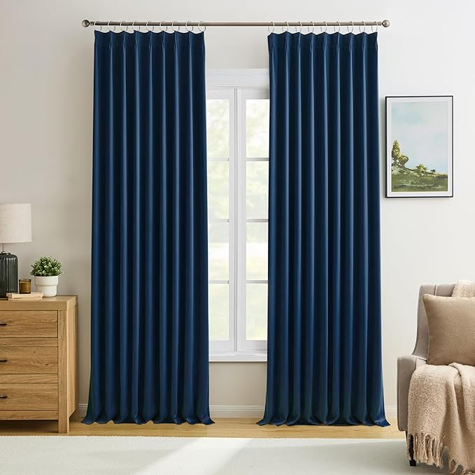 KEQIAOSUOCAI 2 PCs Navy Blue Pleat Wide Drapes for Sliding Glass Door 60 Wide x 95 Inch Long, Privacy Light Block Noise Reduce Insulated Ceiling to Floor for Locker Room Basement Bedroom Closet-CubbioJoy
