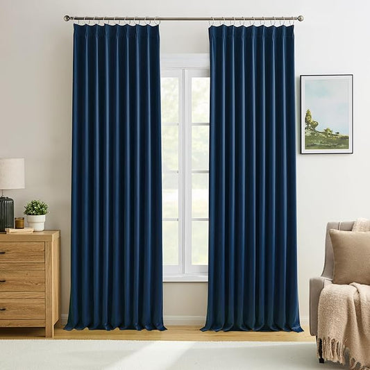 KEQIAOSUOCAI 2 PCs Navy Blue Pleat Wide Drapes for Sliding Glass Door 60 Wide x 102 Inch Long, Privacy Light Block Noise Reduce Insulated Ceiling to Floor for Locker Room Basement Bedroom Closet-CubbioJoy