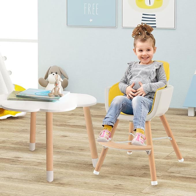 BABY JOY Convertible Baby High Chair, 3 in 1 Wooden Highchair/Booster/Chair with Removable Tray, Adjustable Legs, 5-Point Harness, PU Cushion and Footrest for Baby, Infants, Toddlers (Yellow)-CubbioJoy
