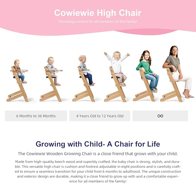 Cowiewie Natural Wooden High Chair for Babies & Toddlers 3-Tier Remove & 2 Adjustable Tray, 8 Adjustable Highchair with Cushions, Easy to Clean (Black)-CubbioJoy