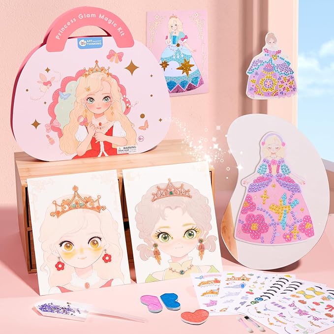 4 in 1 Princess Art Craft Kits, Foil Crafts Art Fun & Gem Painting, Makeup Diamond DIY Activity, Dress Up Sticker Books,Travel Toys, Ideal Toys for Girls Ages 6 7 8+ Years Old-CubbioJoy