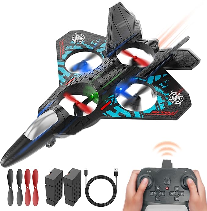BEZGAR Drones for Kids | 2.4GHZ RC Plane, Remote Control Airplane, RC Helicopter, 360° Flip Fighter Jet Toy with Colorful LED Navigation Light Blue-CubbioJoy