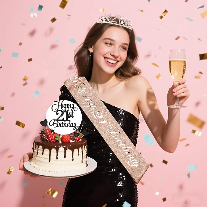 21st Birthday Decorations for Girls Women - 56pcs Rose Gold Happy 21st Banner, 21st Birthday Crown Sash, Cake Topper, Number 21 balloons, 3D Butterflies, 4 Balloon Stands kits-CubbioJoy