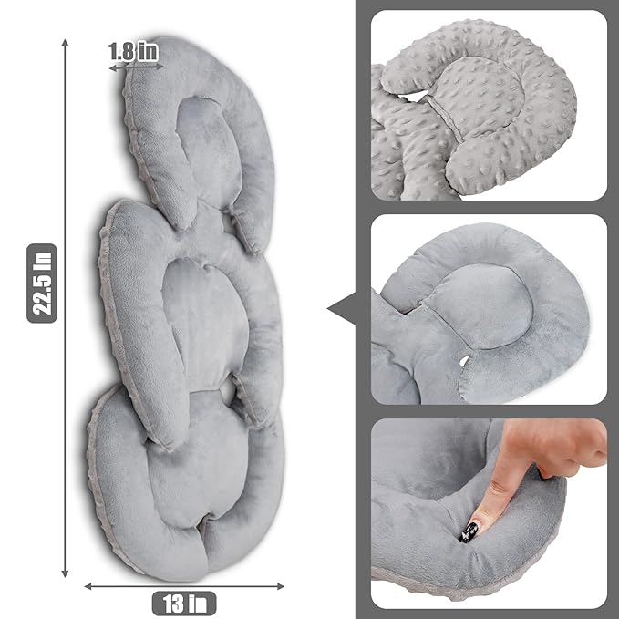 Infant Car Seat Insert Head and Body Support, GFU Reversible Newborn Insert for Carseat with Strap Pads, Soft Stroller Cushion Pillow Insert for Boys and Girls, Fits for Stroller, Swing, Grey-CubbioJoy