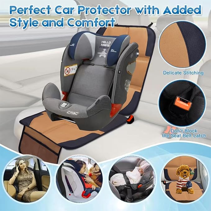 Car Seat Protector for Child Car Seat, 2 Pack Baby Car Seat Covers with Mesh Pockets & Non-Slip Backing 600D Durable Seat Protector (Brown, Standard)-CubbioJoy