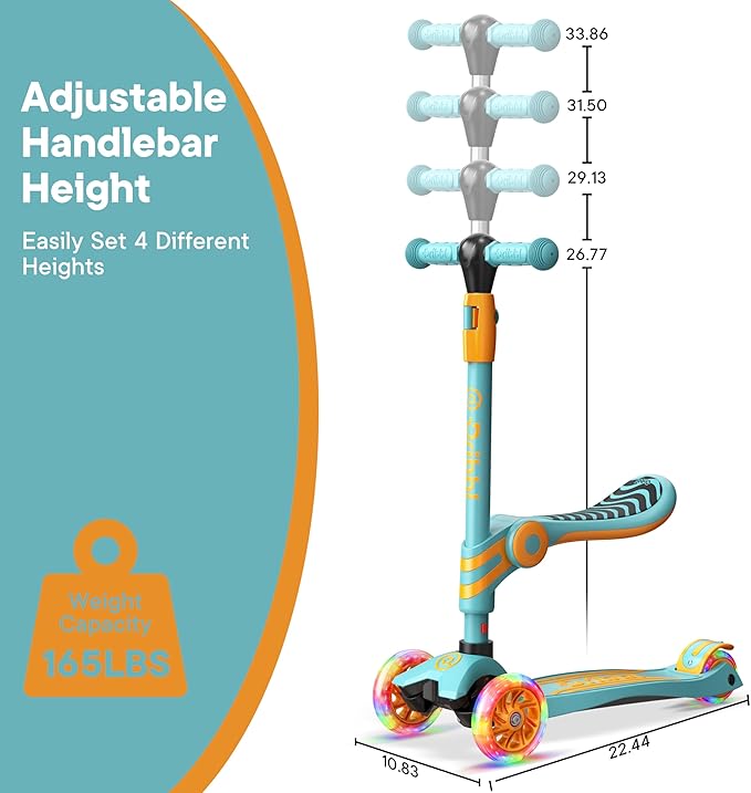 Aqua Orange 3 Wheel Scooter with Seat for Kids – Light-Up LED Wheels, Adjustable Handlebar and Seat, Smooth PU Wheels, Wide Anti-Slip Deck, Rear Foot Brake – Toddler Outdoor Toys for Ages 2+-CubbioJoy