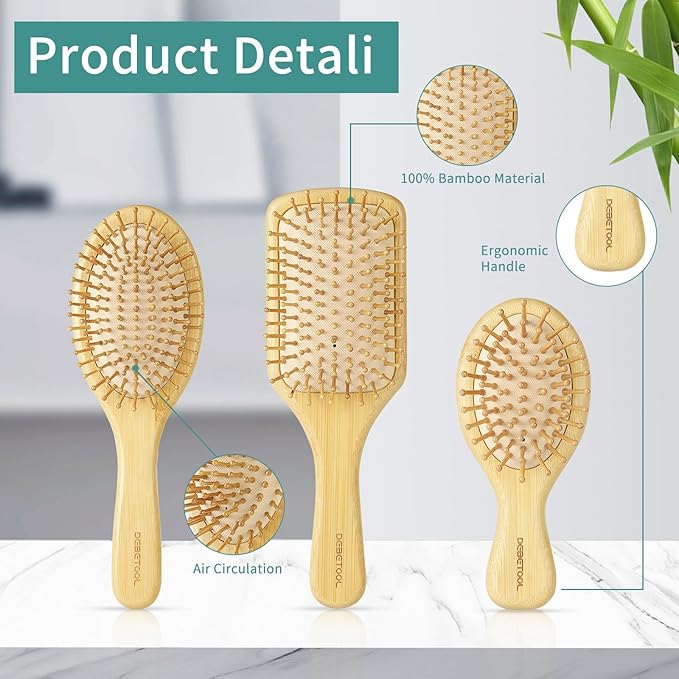 Bamboo Hair Brush and Comb Set for Women Men and Kids,Natural Bamboo wood Wide-tooth brush and tail comb - Paddle Detangling Brush for Wet Dry Curly Hair-CubbioJoy