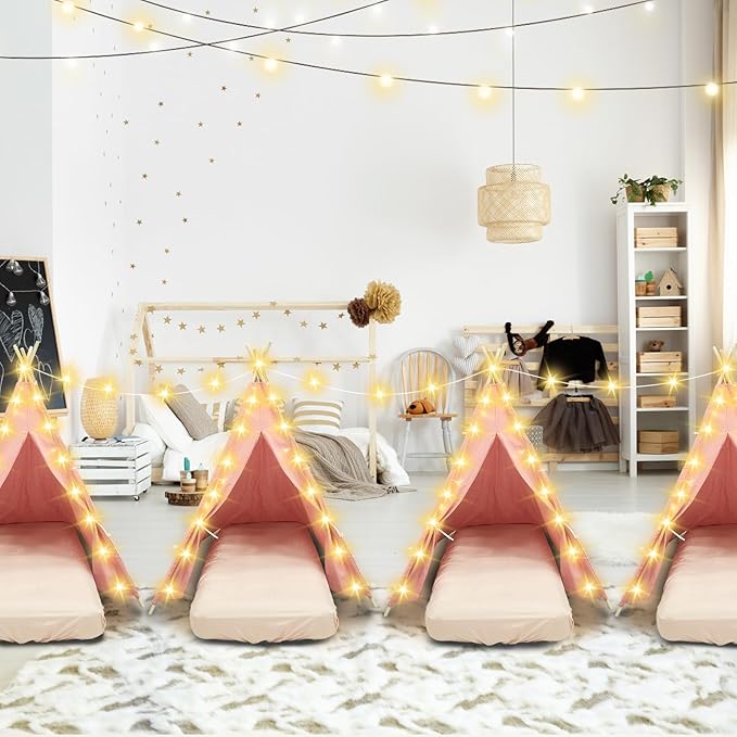 6 Pack Sleepovers Teepee Tent for Kids Bulk with Mattress Sheet Light,Natural Cotton Washable Indoor Play Tent for Birthday Slumber Party Girls Boys Pajama Movie Night Supplies(Pink)-CubbioJoy