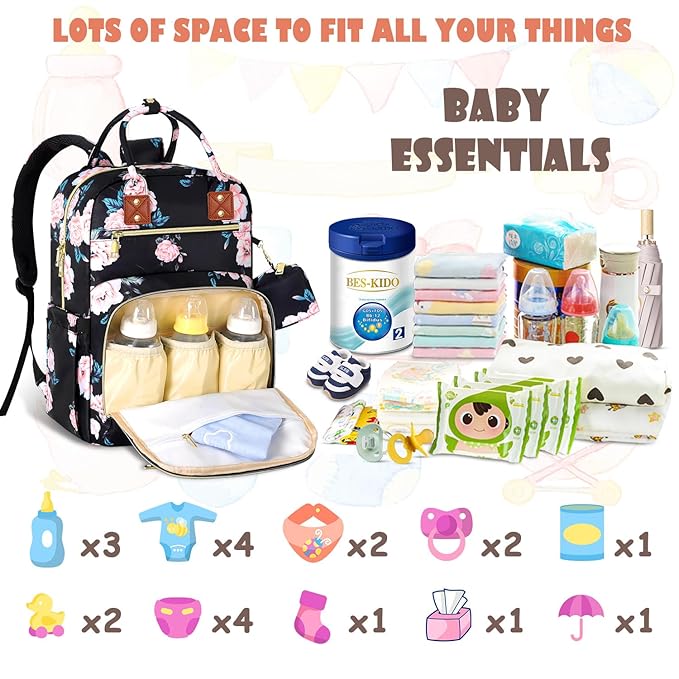 Baby Diaper Bag Backpack, Travel Diaper Bags for Girl Boy Large Capacity Baby Bag Backpack for Women Black Floral-CubbioJoy