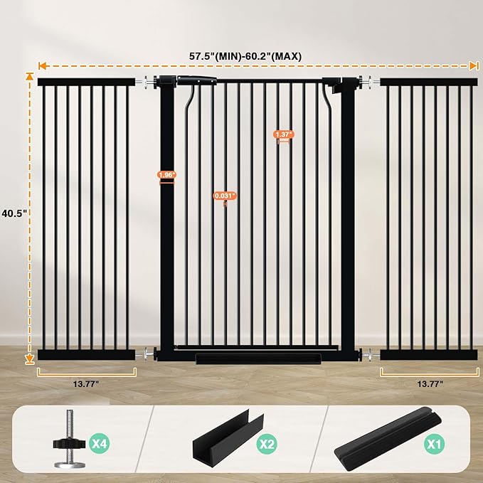 40.5" Extra Tall Baby Gate for Stairs, 57.5"-60.2" Extra Wide Dog Pet Gate No Drill, Narrow Bar Dog Gates Barrier Indoor, Adjustable Tension Safety Gate, Auto Close No Climb Fence Black-CubbioJoy