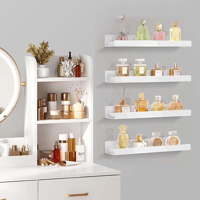 4 Pack 15 Inch Whtie Acrylic Shelves, Kids Floating Bookshelf for Kids Room, Modern Nail Polish Rack Sunglasses Essential Oil Picture Ledge Display Toy Storage Wall Shelf-CubbioJoy