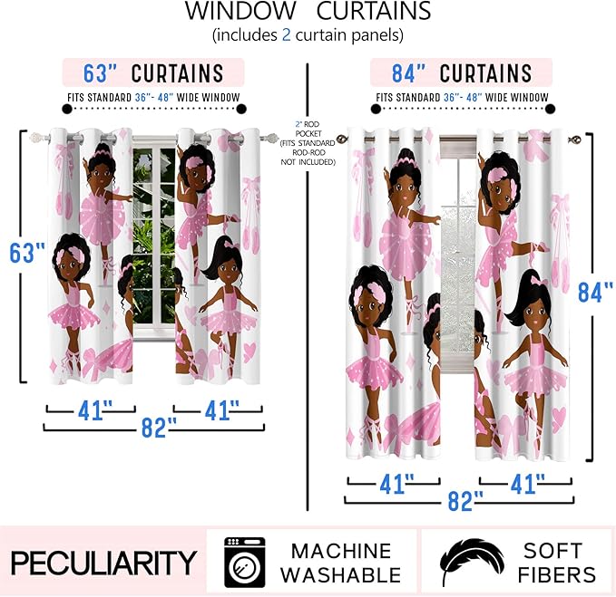 Black Girl Blackout Curtains 2 Panels 63" Inch Drapes for Kids Nursery Bedroom Kids Blackout Curtains Cute Girls Themed Grommet Top Thermal Insulated Curtains for Nursery, 82" x 63"-CubbioJoy
