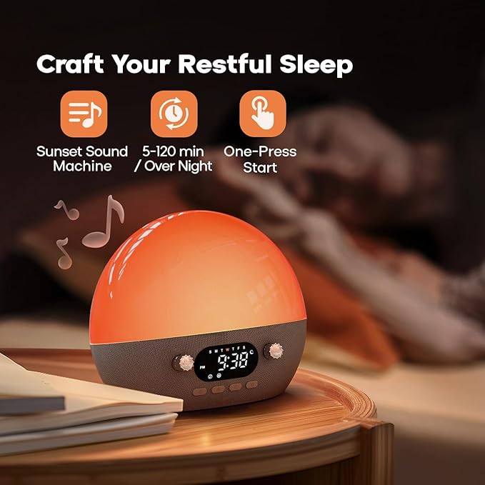 Dekala Smart Sunrise Alarm Clock with Wireless Charging for iPhone 14 13 12 Apple Watch AirPods Samsung, White Noise Sleep Sounds Machine, Nursery Night Light for Heavy Sleeper-CubbioJoy