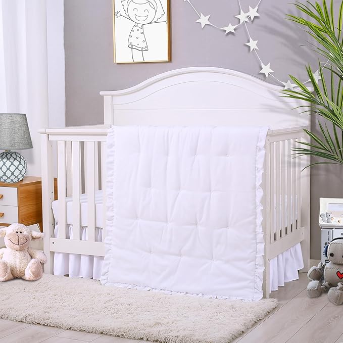 Cloele 3 Pieces Baby Crib Bedding Set- Solid Ruffle Quilted Set Includes Comforter Fitted Sheet Crib Skirt for Boys and Girls - Cute Ruffled Nursery Crib Standard Size Baby Bedding Set White-CubbioJoy