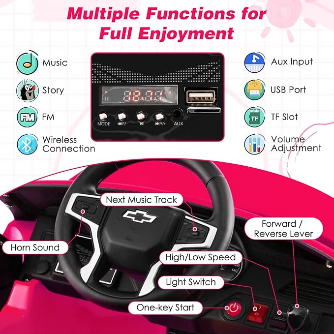 Costzon Ride on Car, 12V Licensed Chevrolet Tahoe Battery Powered Electric Vehicle w/ 2.4G Remote Control, High/Low Speed, Music, Lights, MP3/USB/FM, Spring Suspension, Electric SUV for Kids (Pink)-CubbioJoy