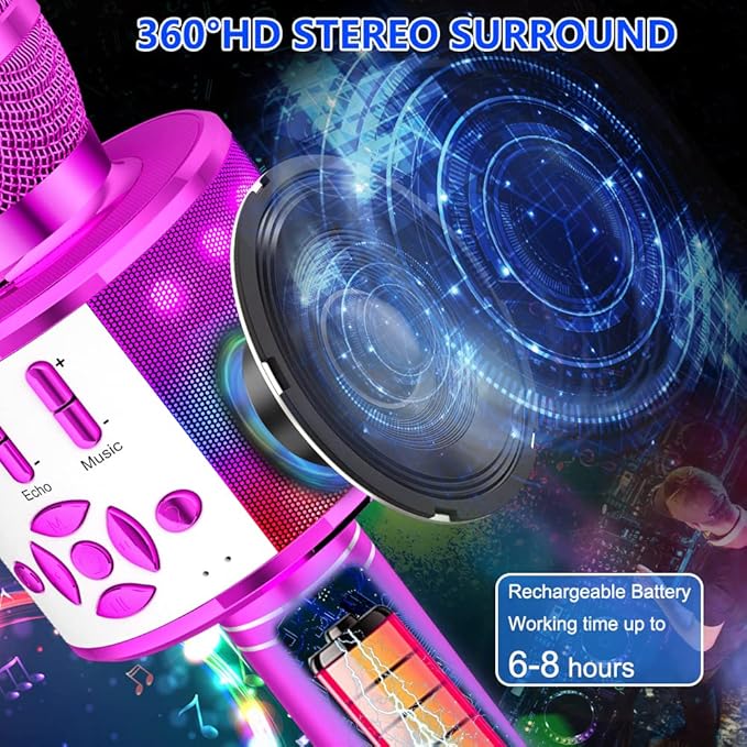 Amazmic Kids Karaoke Microphone Machine Toy Bluetooth Microphone Portable Wireless Karaoke Machine Handheld with LED Lights, Gift for Children Adults Birthday Party, Home KTV(Purple)-CubbioJoy