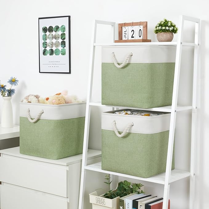Bidtakay Cubby Storage Bins Set of 3 Fabric Baskets for Shelves Closet Drawer Organizer Storage Cubes 13x13 Collapsible Organization Baskets for Nursery Toy Shelf (White&green)-CubbioJoy