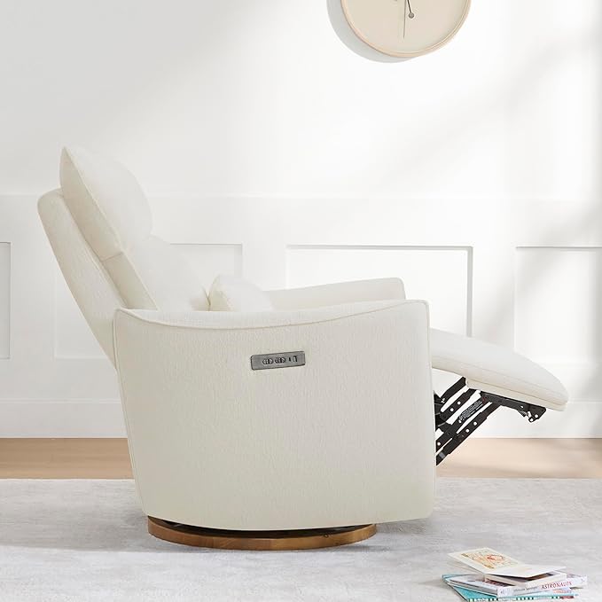 CHITA Swivel Rocker Recliner Chair, Power Nursery Glider Recliner, Nursery Rocking Chair with Adjustable Power Headrest, FSC Certified, Solid Wood Base, Cream-CubbioJoy