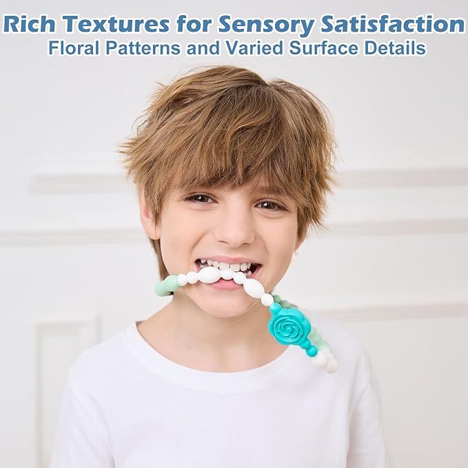 Chew Necklaces for Sensory Kids Adults, Flower Chewy Necklace Sensory Toys for Autism Nail Biting, Fidget Necklace Oral Chew Toys, ADHD Tools for Boys Girls-CubbioJoy